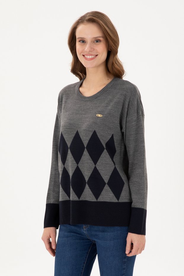 Women's Gray Melange Crew Neck Sweater 50291623-Vr086