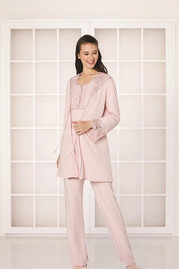 Guipure Combed Cotton 3-Piece Maternity Pajama Set - 3050 Powder