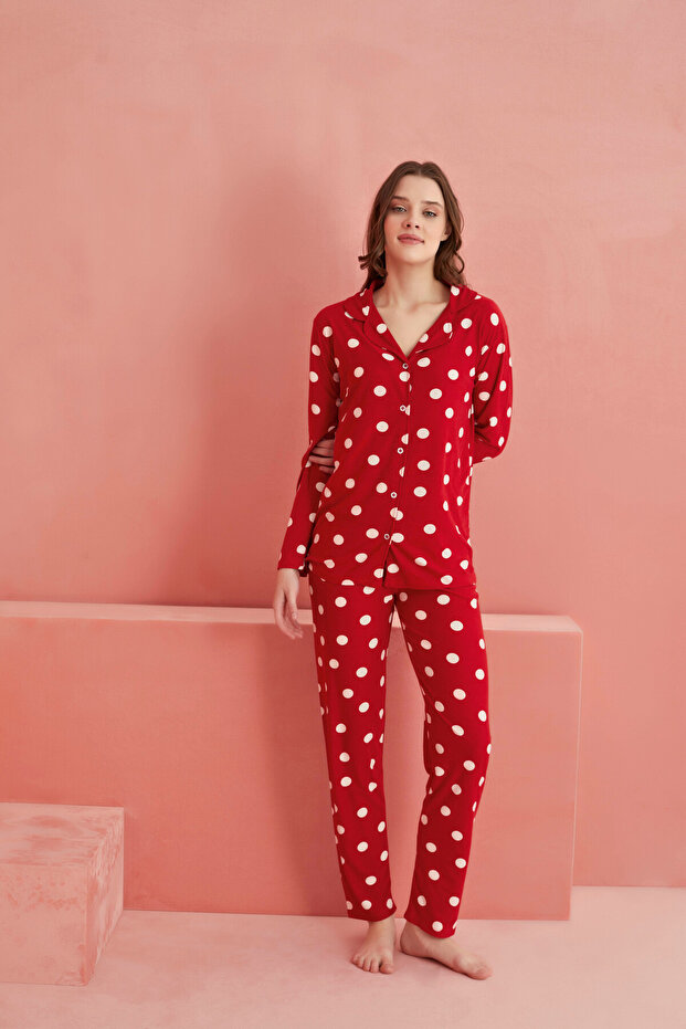 Kırmızı Puantiye Desenli Önden Düğmeli Süet Pijama Takım - 2