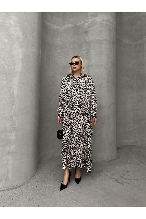 Leopar Desenli Yandan Yırtmaçlı Oversize Elbise KAHVE 9262-E - 4