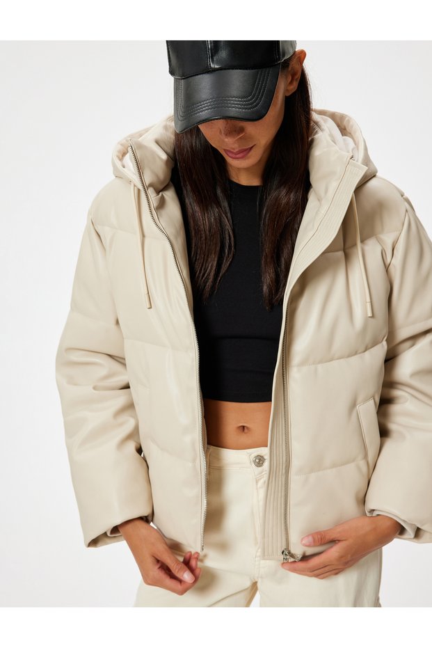 Inflatable Leather-Look Jacket with Hood and Zipper Pocket Detail
