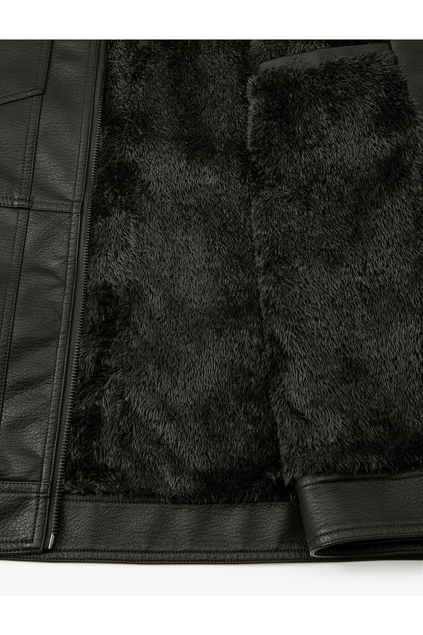 Suni Deri Ceket Yakası Kürklü Cepli Fermuarlı Astarlı Slim Fit - 8