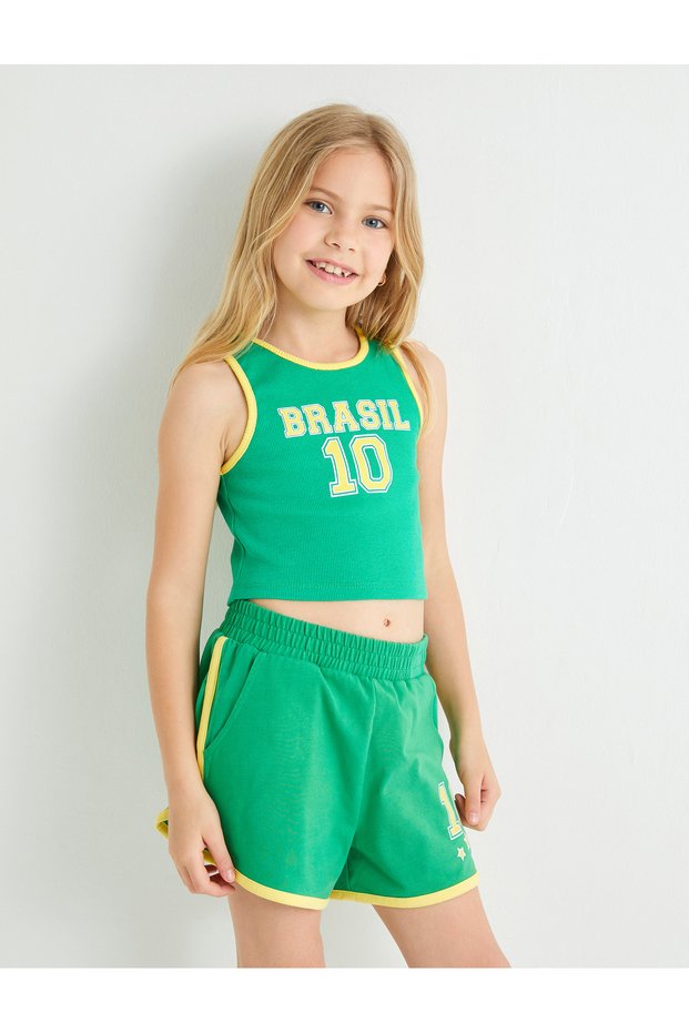 Crop Athlete Sport Themed Crew Neck Color Blocked Cotton