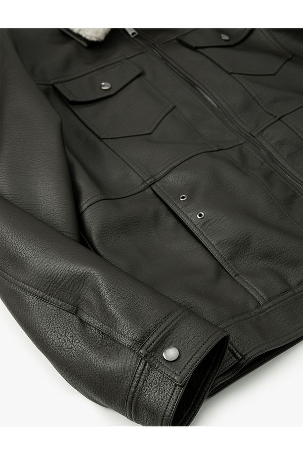 Suni Deri Ceket Yakası Kürklü Cepli Fermuarlı Astarlı Slim Fit - 7