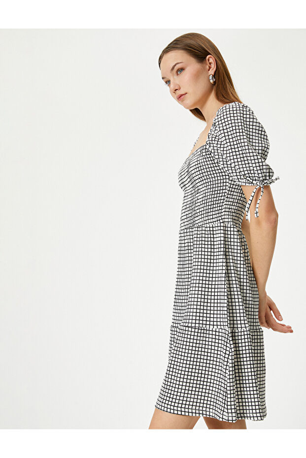 Balloon Sleeve Dress Mini Size Square Neck Short Sleeve Bow Detail