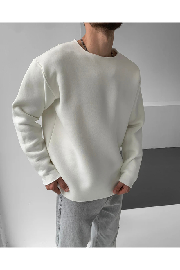 سويت شيرت أبيض أساسي كبير الحجم مقطوع بالليزر - 1