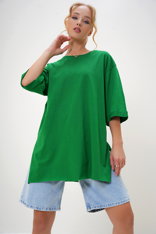 Women's Dark Green Crew Neck Double Sleeve Oversize Cotton Basic T-Shirt Alc-X8088
