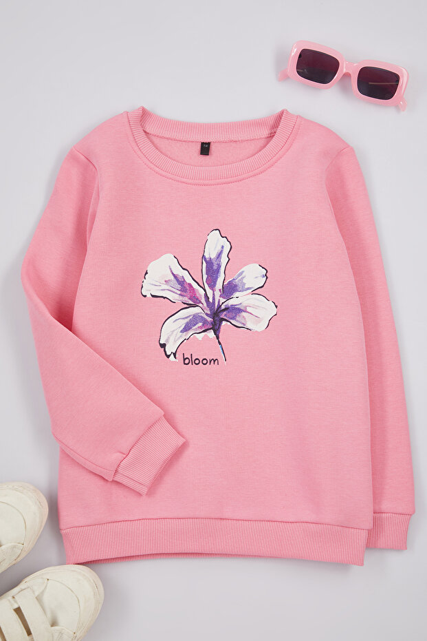 Pembe Kız Çocuk Slogan Pamuklu Örme Sweatshirt TKDAW25SW00013 - 1
