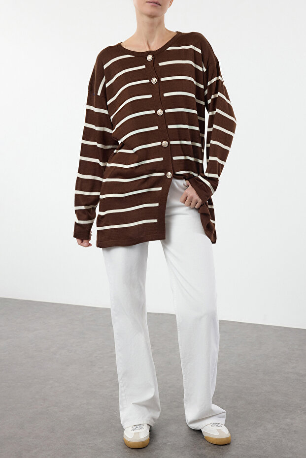 Stone Striped Brown Knitwear Cardigan - Tedaw25Th00002