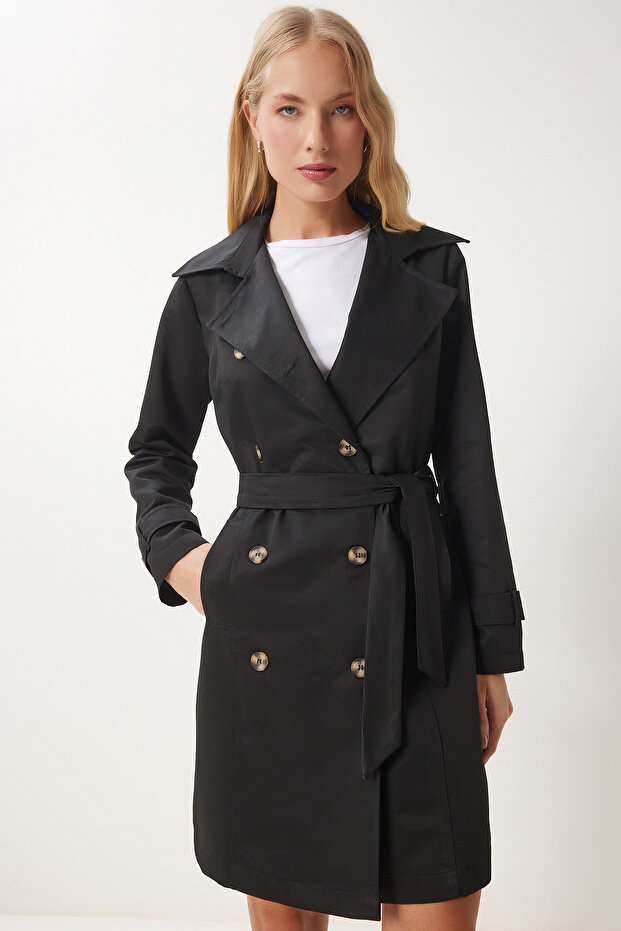 Schwarzer zweireihiger Damen-Trenchcoat mit Kragen und Gürtel, DD01345 - 3