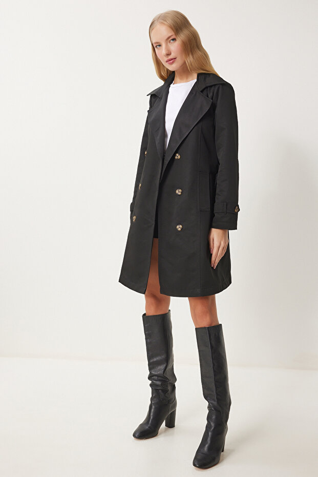 Schwarzer zweireihiger Damen-Trenchcoat mit Kragen und Gürtel, DD01345 - 4