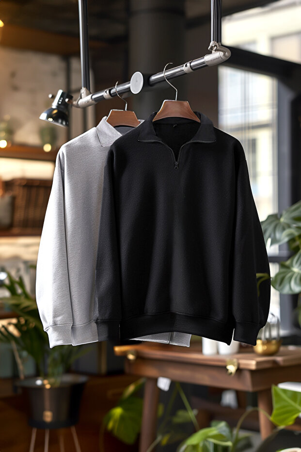 Siyah-Kar Melanj 2'li Paket Regular/Normal Kesim İçi Polar/Sıcak Tutan Sweatshirt TMNAW25SW00205 - 1
