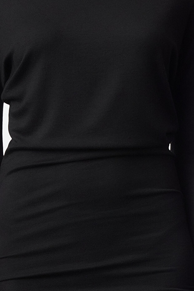 Siyah Asimetrik Yaka Bodycone/Vücuda Oturan Mini Örme Elbise TWOAW25EL00595 - 3