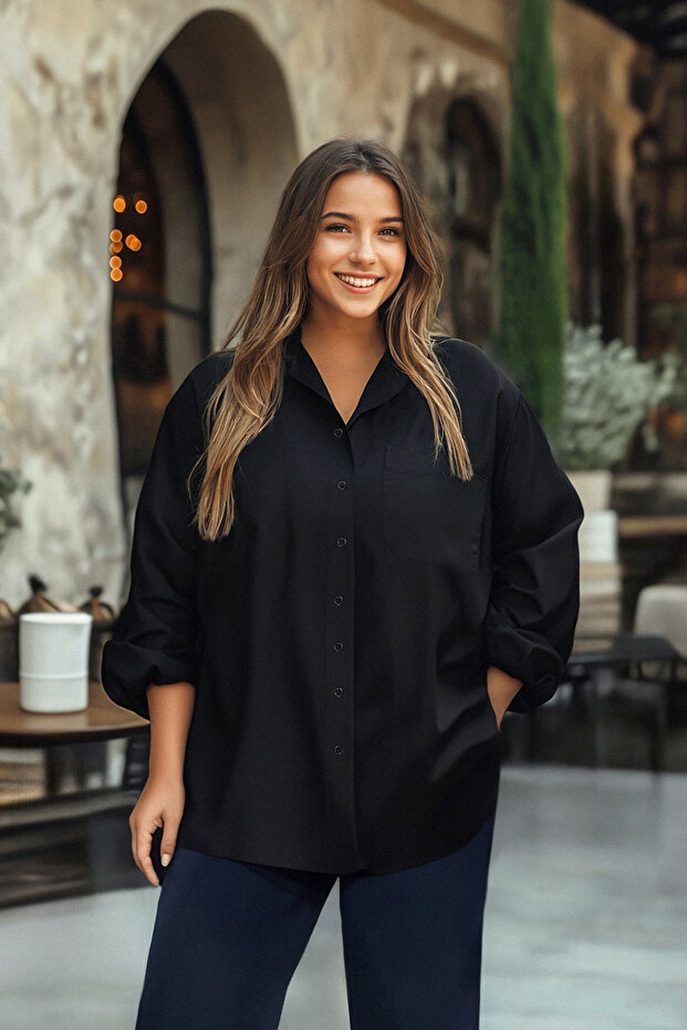 Siyah Loose Fit Pamuklu Uzun Kol Büyük Beden Dokuma Gömlek TBBSS22GO0323 - 1