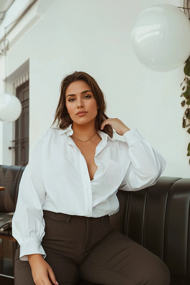 Fehér, laza szabású pamut hosszú ujjú, nagy méretű szőtt ing TBBSS22GO0323 - 5