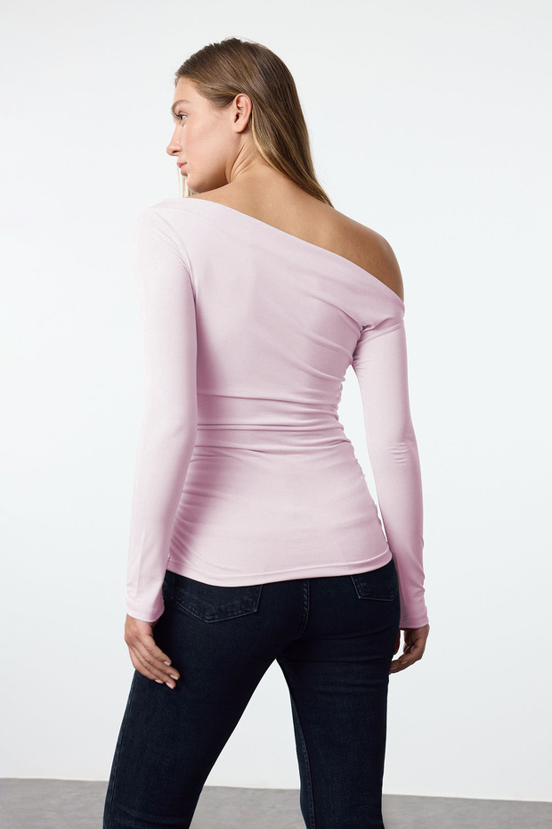 Pembe Büzgü/Drape Detaylı Fitted/Vücuda Oturan Uzun Kollu Esnek Örme Bluz TWOAW25BZ00248 - 5