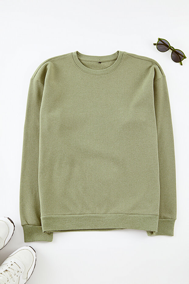 Haki Oversize/Geniş Kesim Bisiklet Yaka Şardonsuz Sweatshirt TMNAW25SW00194 - 3