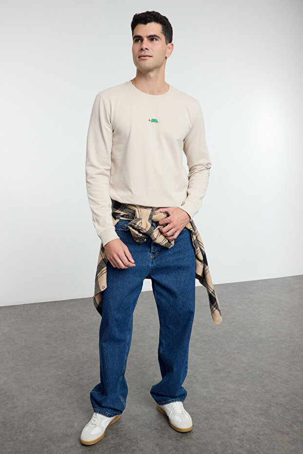 Taş Regular/Normal Kesim Bisiklet Yaka Etamin Hayvan Nakışlı Sweatshirt TMNAW25SW00158 - 1