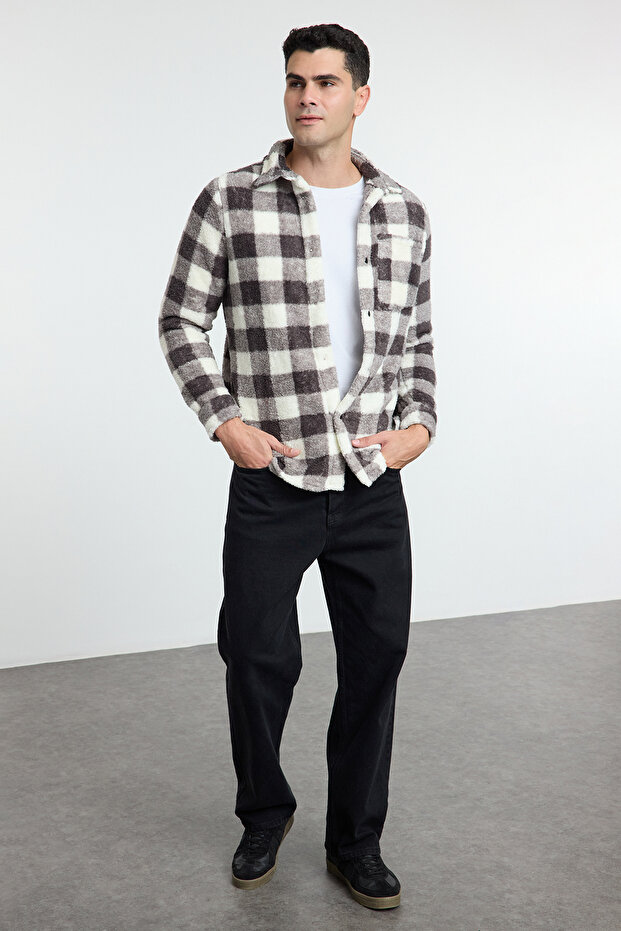 Siyah Unisex Fit Welsoft Peluş Kışlık Kareli Gömlek Ceket TMNAW25GO00017 - 2