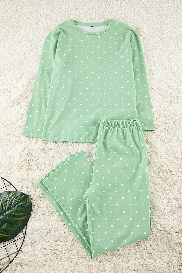 Mint Kalp ve Puantiye Desenli Örme Pijama Takımı TBBAW25AI00065 - 3