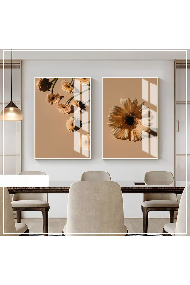 Hari̇kabi̇rev | Soft Cream Color Daisy Flower Combination New | Framed Glass Table 2 Pieces Vertical