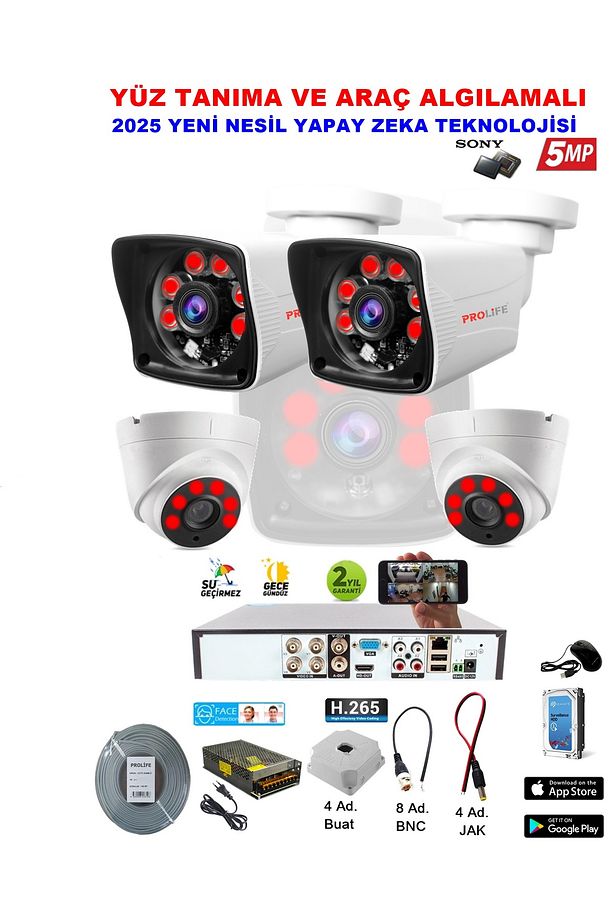 4 Kameralı 2si Iç Yapay Zeka Özellikli Yüz Tanıma Ve Araç Algılamalı 5 Mp Kuruluma Hazır Kamera Seti - 1