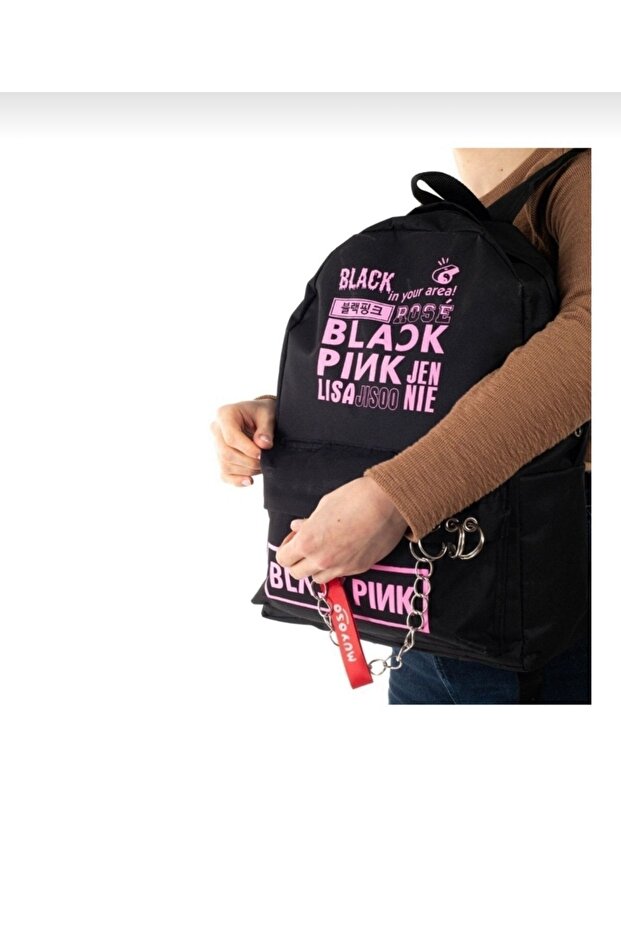 Black Pink Written Logo Printed Black Backpack with Chain Zipper and Piercing