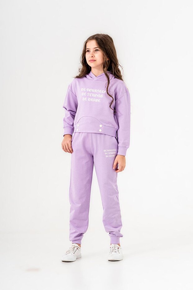 Be Yourself Be Strong Be Brave Printed Hooded Girls' Top and Bottom Tracksuit Set