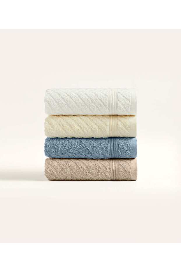 Lycia 100% Cotton Jacquard Bordered Cross Striped 4-Piece Face Towel Set 1012a