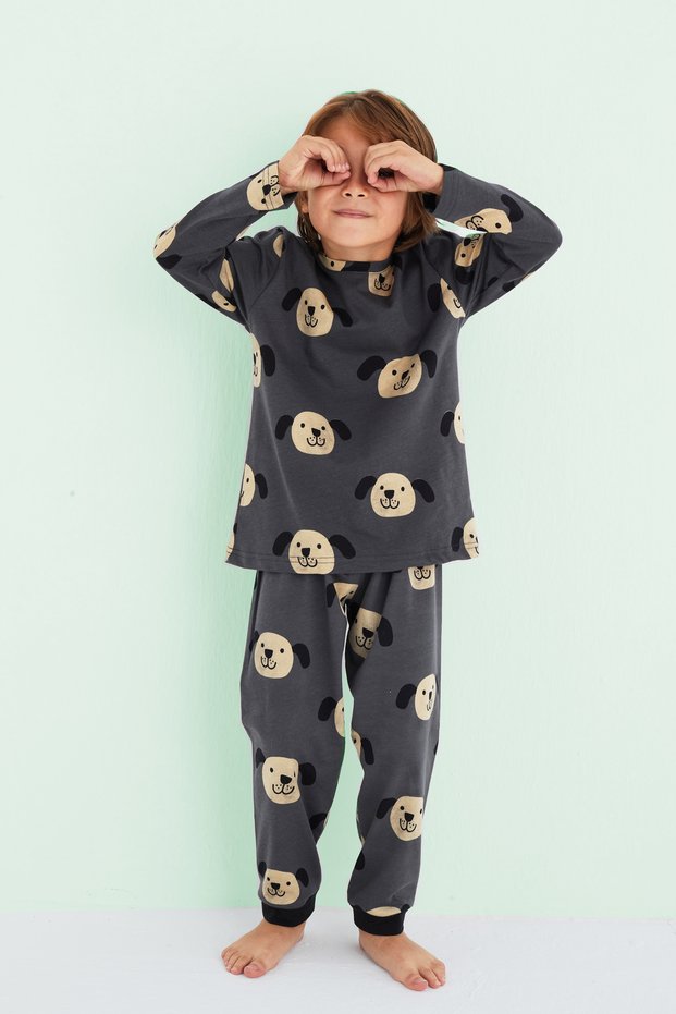Boy's Anthracite Colored Patterned Cotton Pajama Set 24225801