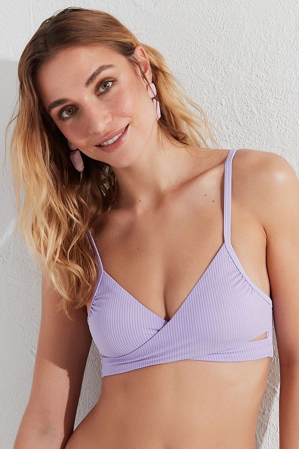 Eflatun Ribbed Basic Wrappy Bikini Üstü - 2