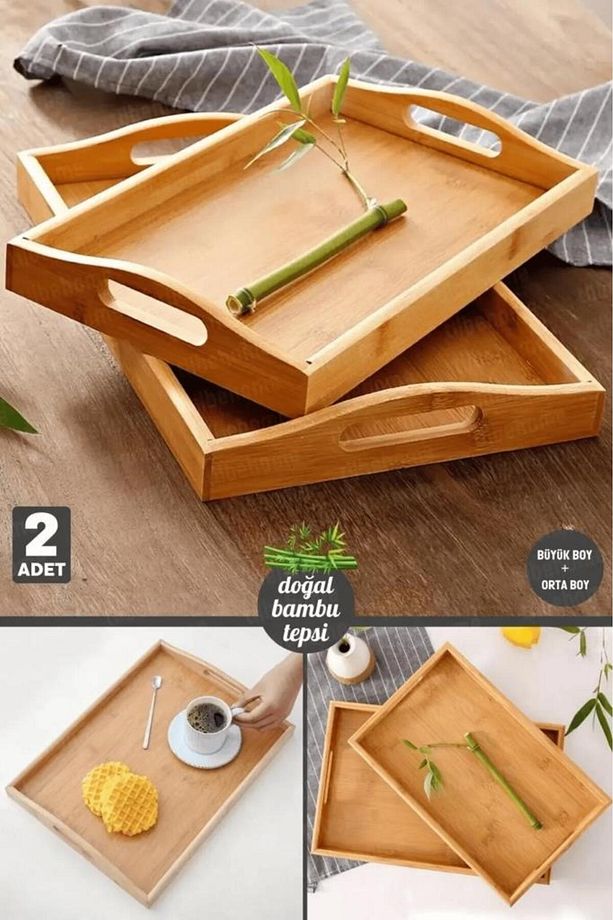 Dikdörtgen Bambu Tepsi 2li Set - Çay Kahve Kahvaltı Sunum Servis Tepsisi - 2