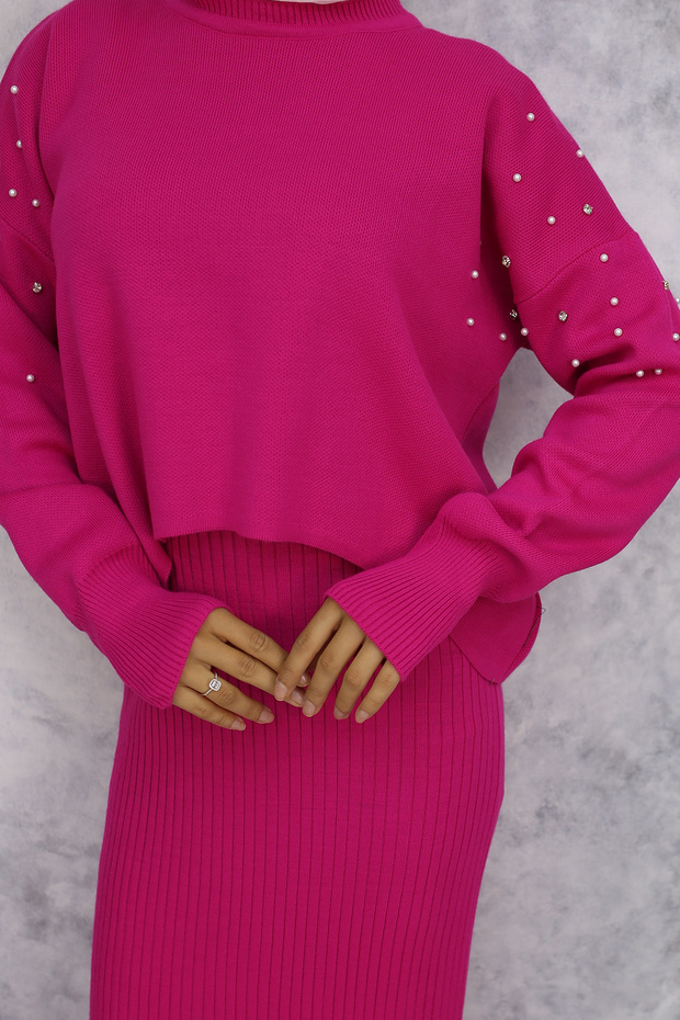 6109 İnci Detaylı Jile Triko Takım Fuşya - 4