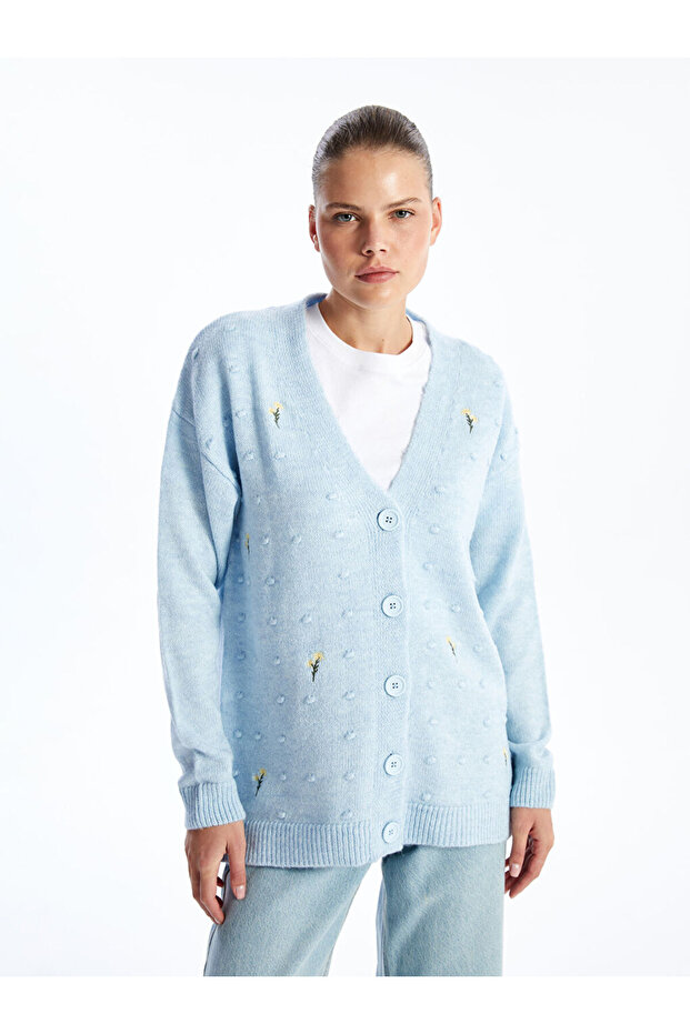 V Yaka Nakışlı Hamile Triko Hırka - 1