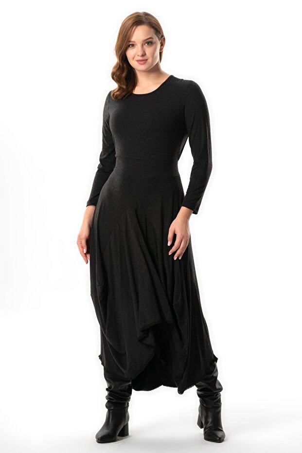 Long Sleeve Atlas Autumn and Winter Asymmetrical Cut Authentic Long Combed Cotton Viscose Dress Gray Gray