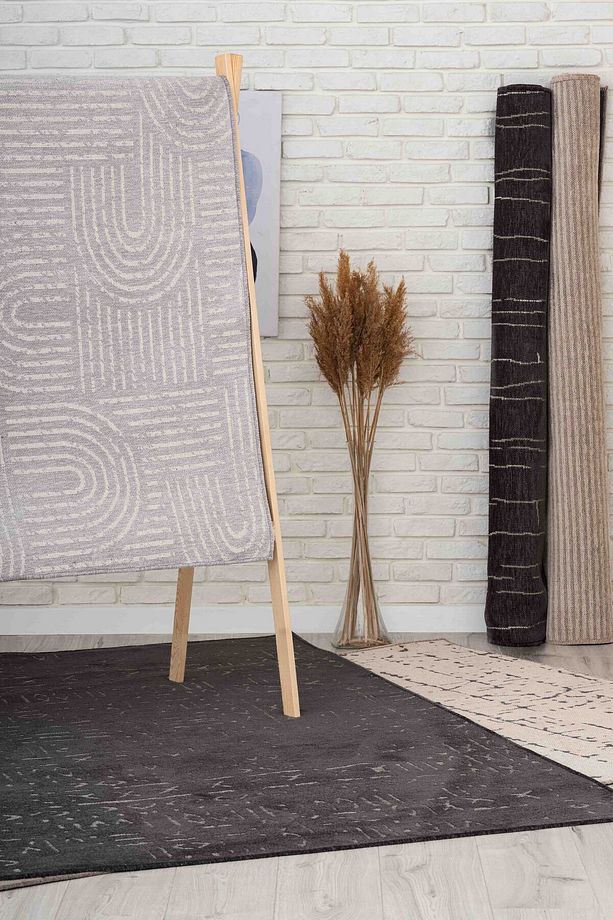 Mia Viskon Dokuma Halı Kaymaz Taban Yıkanabilir Antrasit Salon Halısı 1422 - 8