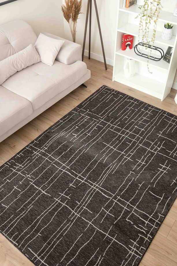 Mia Viskon Dokuma Halı Kaymaz Taban Yıkanabilir Antrasit Salon Halısı 1422 - 6