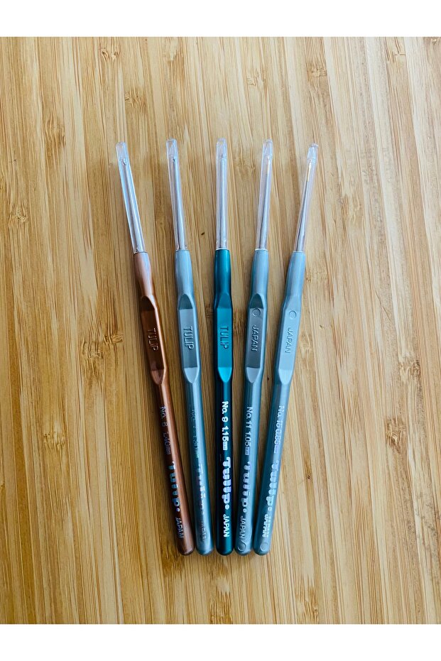 Plastik Saplı Oya Ve Dantel El Işi Sarı Uç Tığ Seti. No: 6, 7, 9, 11, 15.  5'li Set. - 1