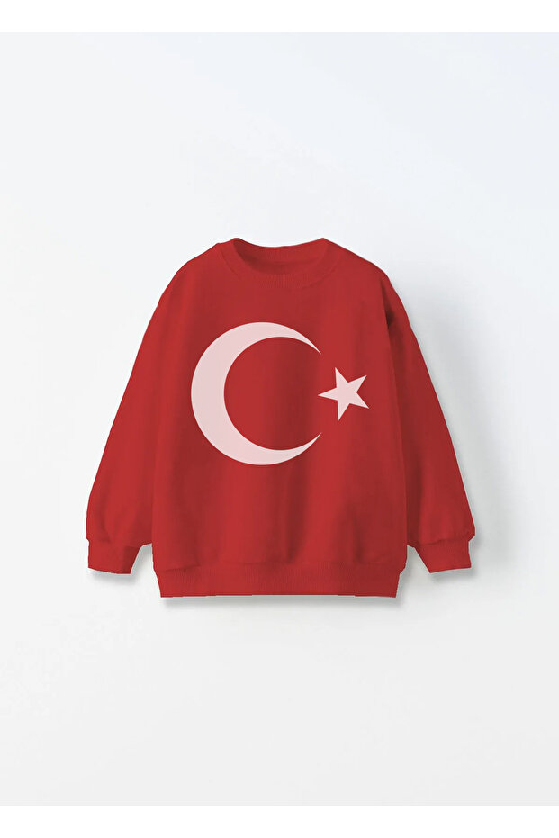 Turkish Flag Printed 3 Thread Fleece Inside Oversize Children's Unisex Sweatshirt