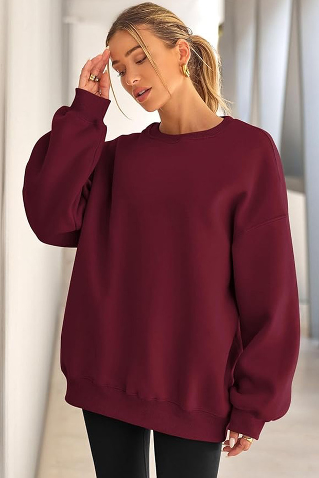 Kadın Bisiklet Yaka Basic Oversize Sweatshirt BORDO - 2