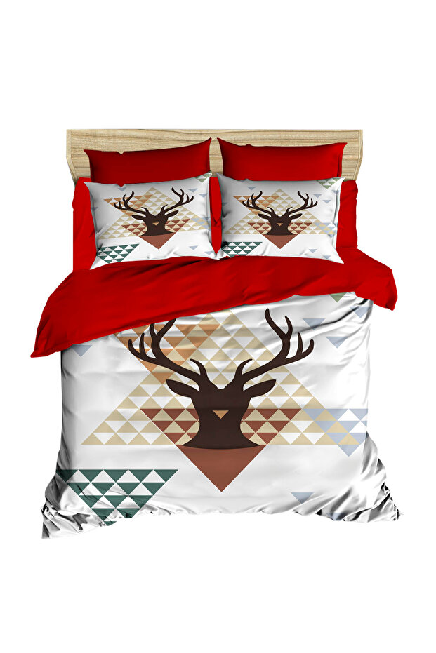 New Year's Deer Head Figure and Triangles Digital Duvet Cover Set
