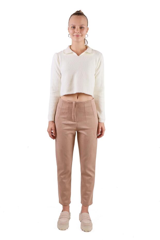 Mink Pens Detail Zippered Suede Trousers 7348A