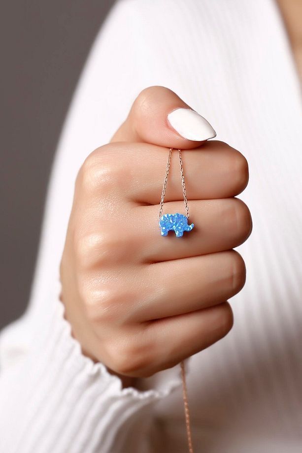 Opal Taşlı Fil Gümüş Kolye - 1