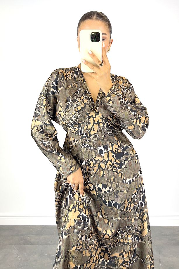 Kadın Yeşil Leopar Desenli Midi Elbise - 5