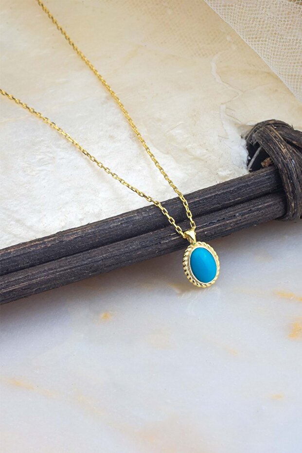 925 Ayar Firuze Taşlı Oval Minimal Gümüş Kolye - 1