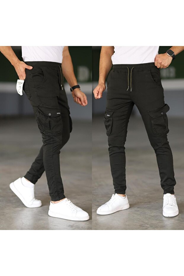 Men's Khaki Slim Fit Cargo Pocket Trousers - Elastic Waist and Legs