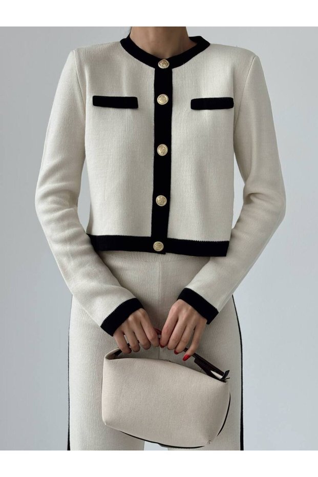 Women's Gold Button Detailed Cardigan Trousers Bottom Top Double Knitwear Set - White