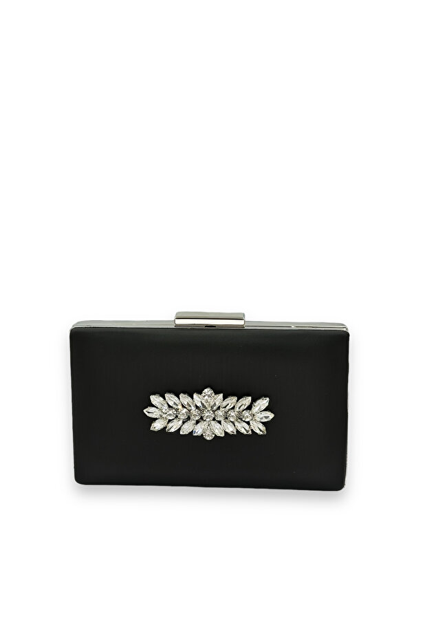 Black Color Non-Scratch Satin Silver Stone Evening Dress Bag