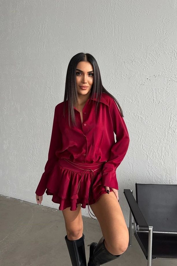 Kadın Bordo Gömlek Elbise 1026-221567 - 3