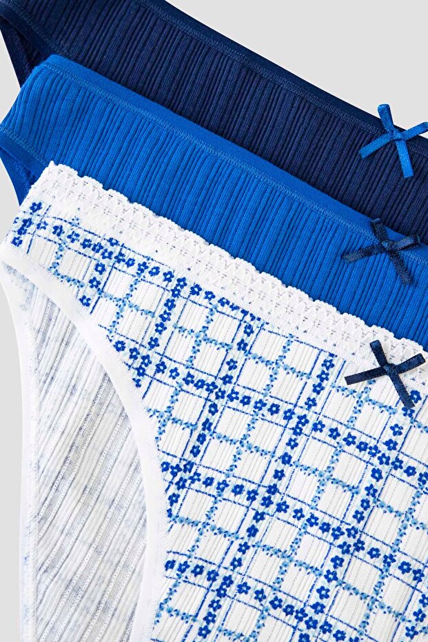 Mavi Çiçekli Kareli 3lü Soft Pointel Slip Külot - 5